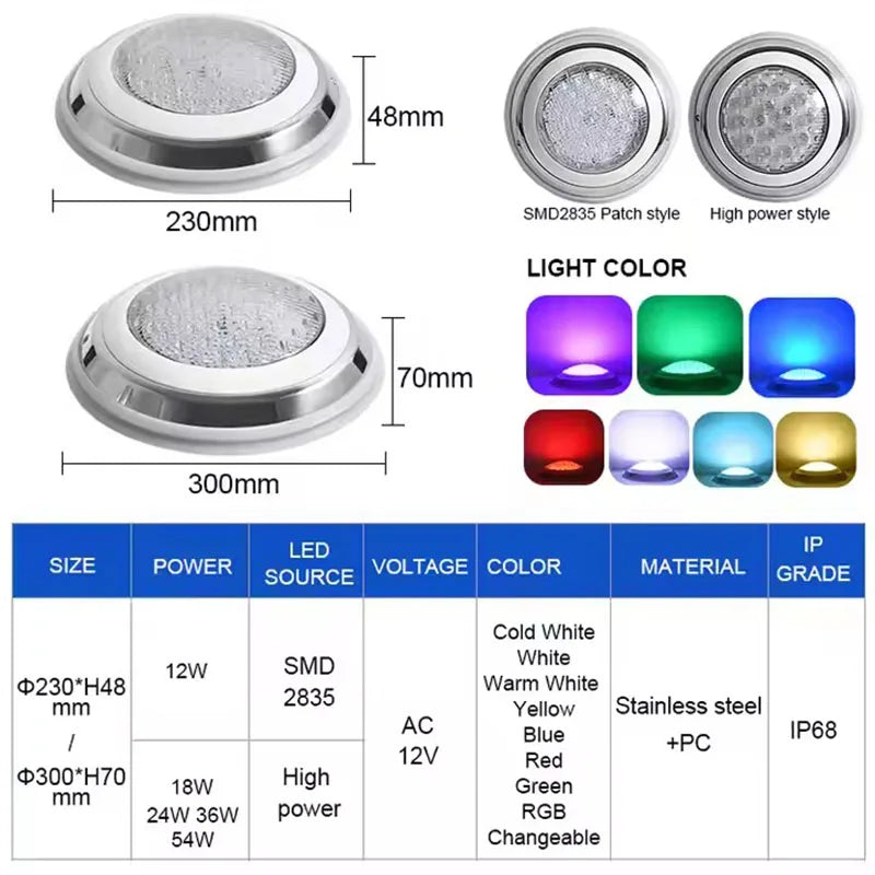 LED Swimming Pool Lamp AC12V Stainless Steel IP68 12W 18W 25W 35W 54W Underwater Remote Control RGB Lamps Blue/Warm white/ White
