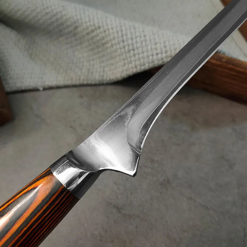 6 Inch Damascus Steel Boning Knife, Yellow Handle, Meat Cutting Fillet Butcher Knife