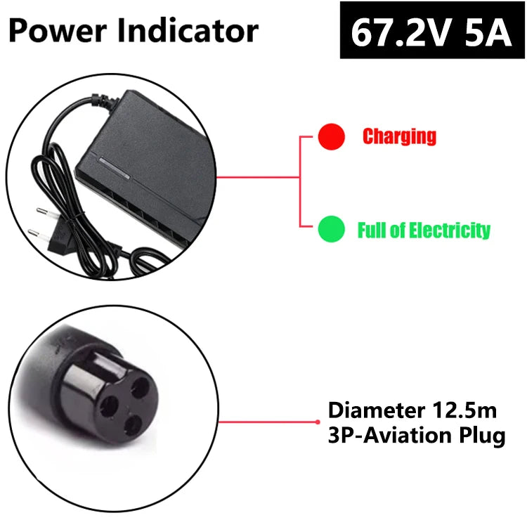 48V/60V/72V Charger 2A/5A Lithium-ion Battery Pack Charger 54.6V/67.2V/84V Intelligent Fast Charging EU Plug With Cooling Fan