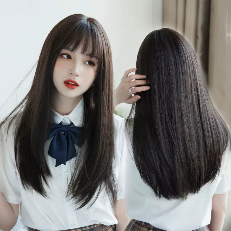 Cosplay wig hat long straight synthetic high temp fiber, breathable cap, natural black