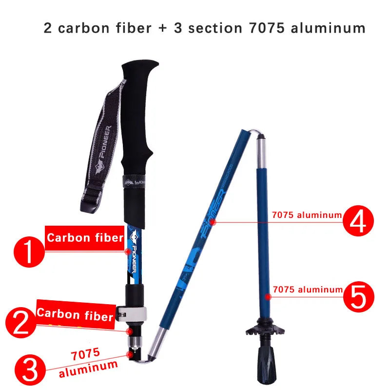 2pcs Folding Trekking Poles 5-Section Carbon Fiber + Aluminum Alloy Hiking Sticks Blue