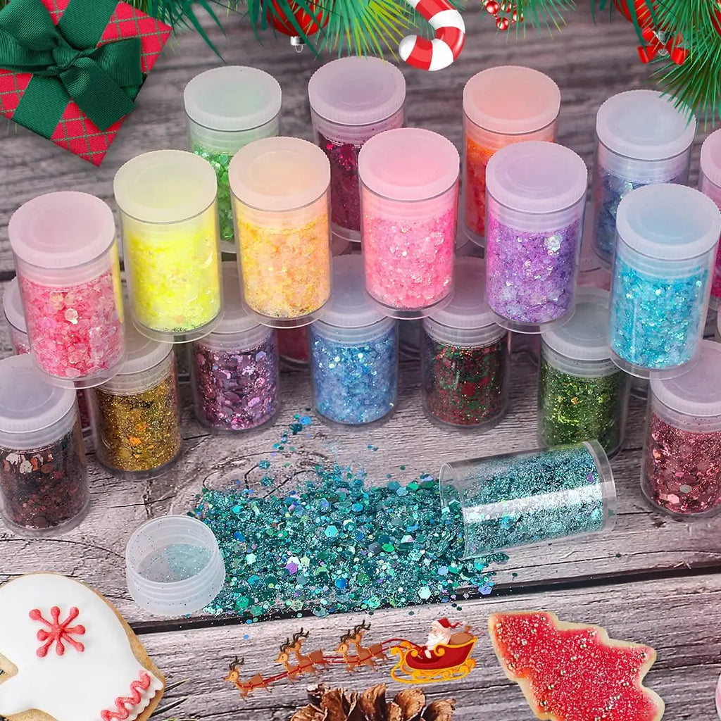 45 Colors Holographic Loose Glitter Mix Set - Chunky Hexagon + Fine Powder for Nail Art & Resin