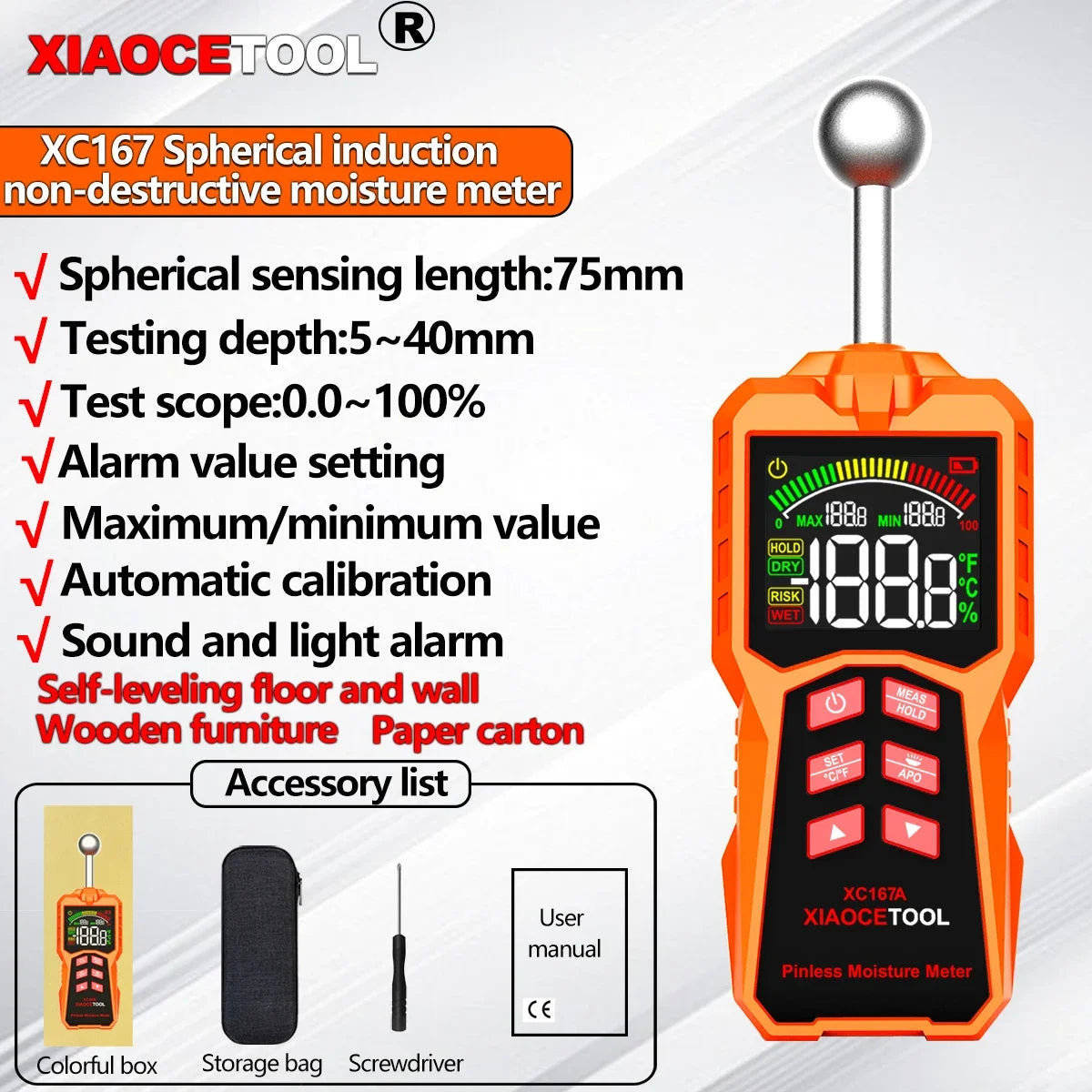 Spherical non-destructive induction moisture meter, high-precision wall water leakage detector, wood furniture humidity tester