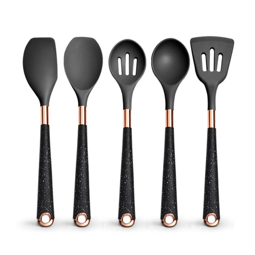 Silicone cooking utensils set with holder bucket, nonstick safe heat resistant, beige/black