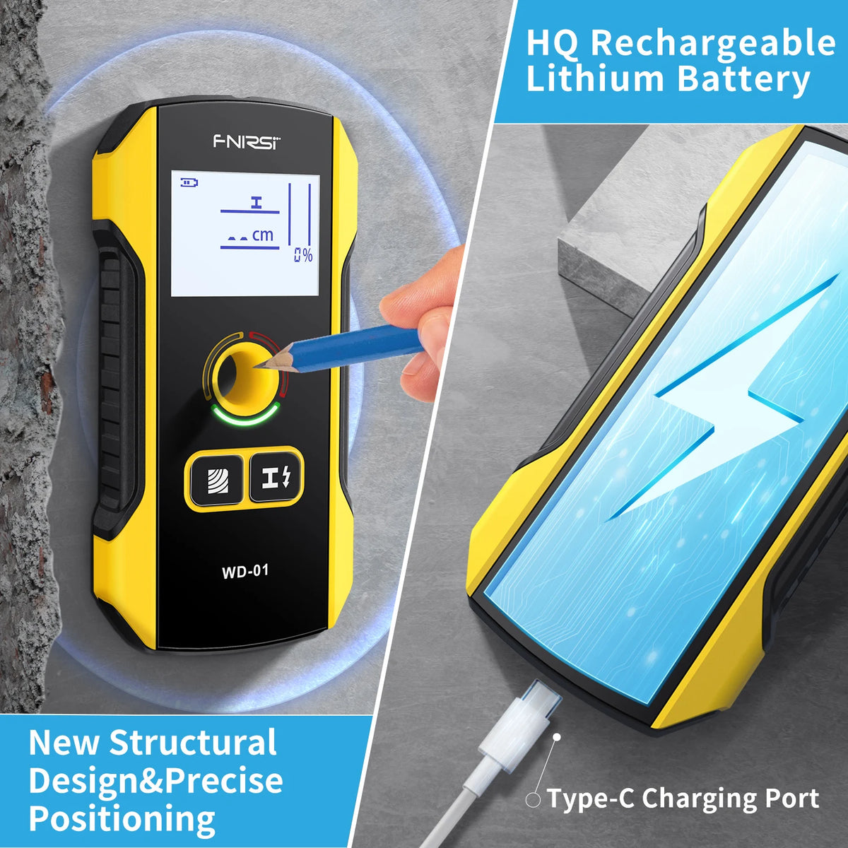 FNIRSI WD-01 WD-02 Metal Detector Wall Scanner with Newly Designed Positioning Hole for AC Live Cable Wires Metal Wood Stud Find