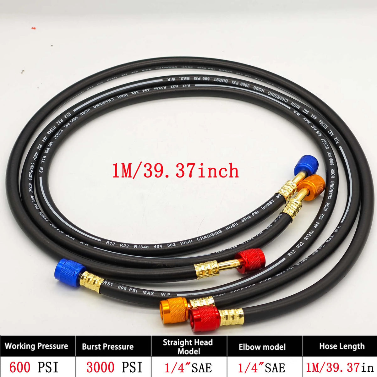 AC refrigerant charging hose kit with low loss fittings for R134A R12 R22, 0.9-1.8m
