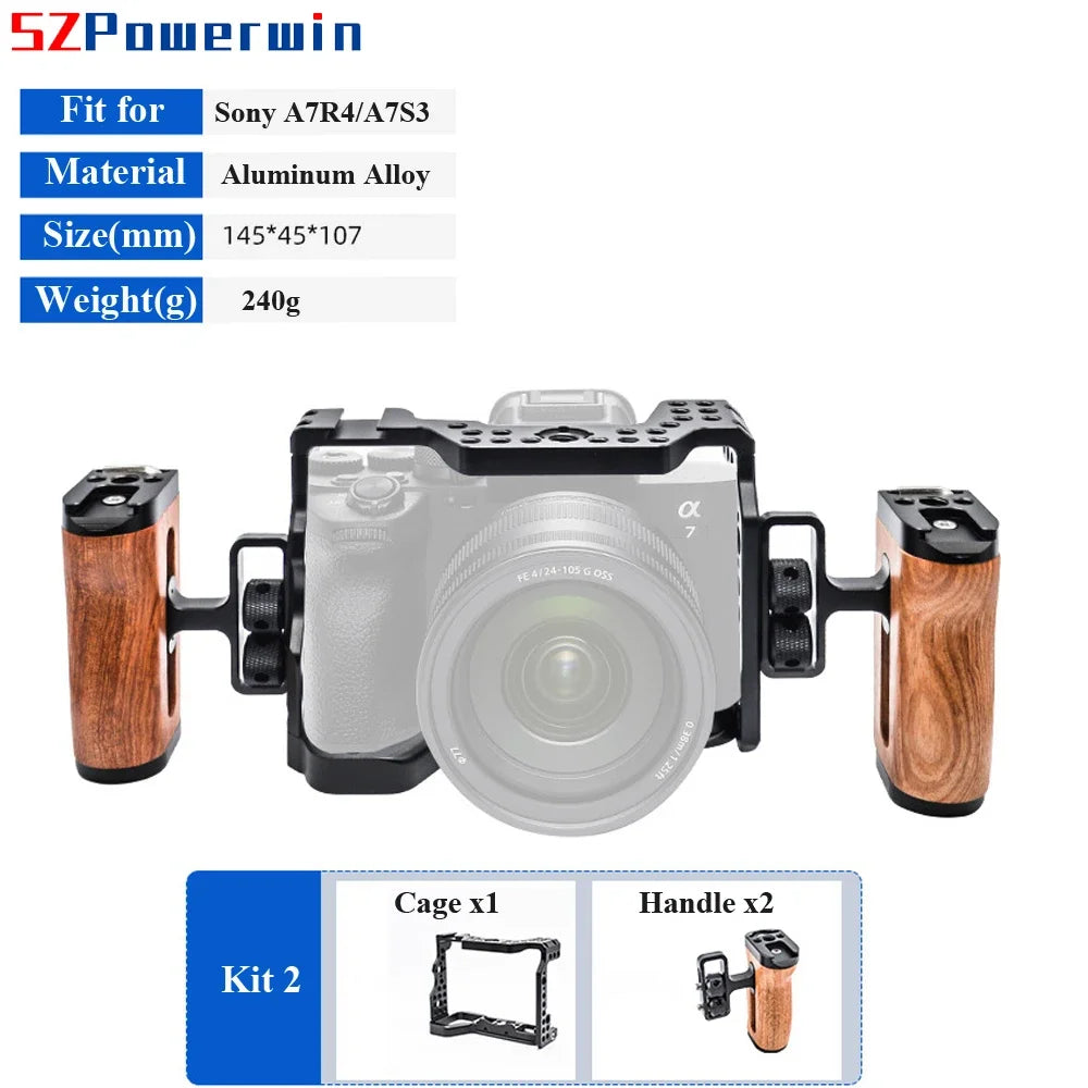 Powerwin Camera Cage For Sony A7R4 A7M4 A74 A7S3 with wooden Handle Kit Aluminum Alloy Multifunctional Arri Locating Screw