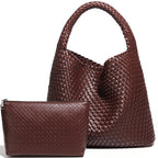 Woven Tote Bag for Women Large Woven Handbag Soft Leather Shoulder Bag Work Shopper Summer Beach Travel Tote Bag with Purse