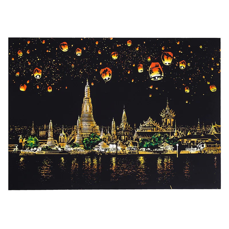 DIY A3 City Landmarks Paris London Night Scene Scratch Painting With Tool Scenery Landscape Colorful Scratch Art Room Decor Gift