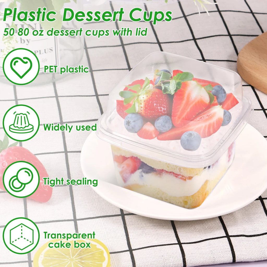 50Pcs Plastic Dessert Cups 8oz Clear Square Single Dessert Box Sealed Cake Storage Box for Muffins Cupcake Pudding Mousse Party