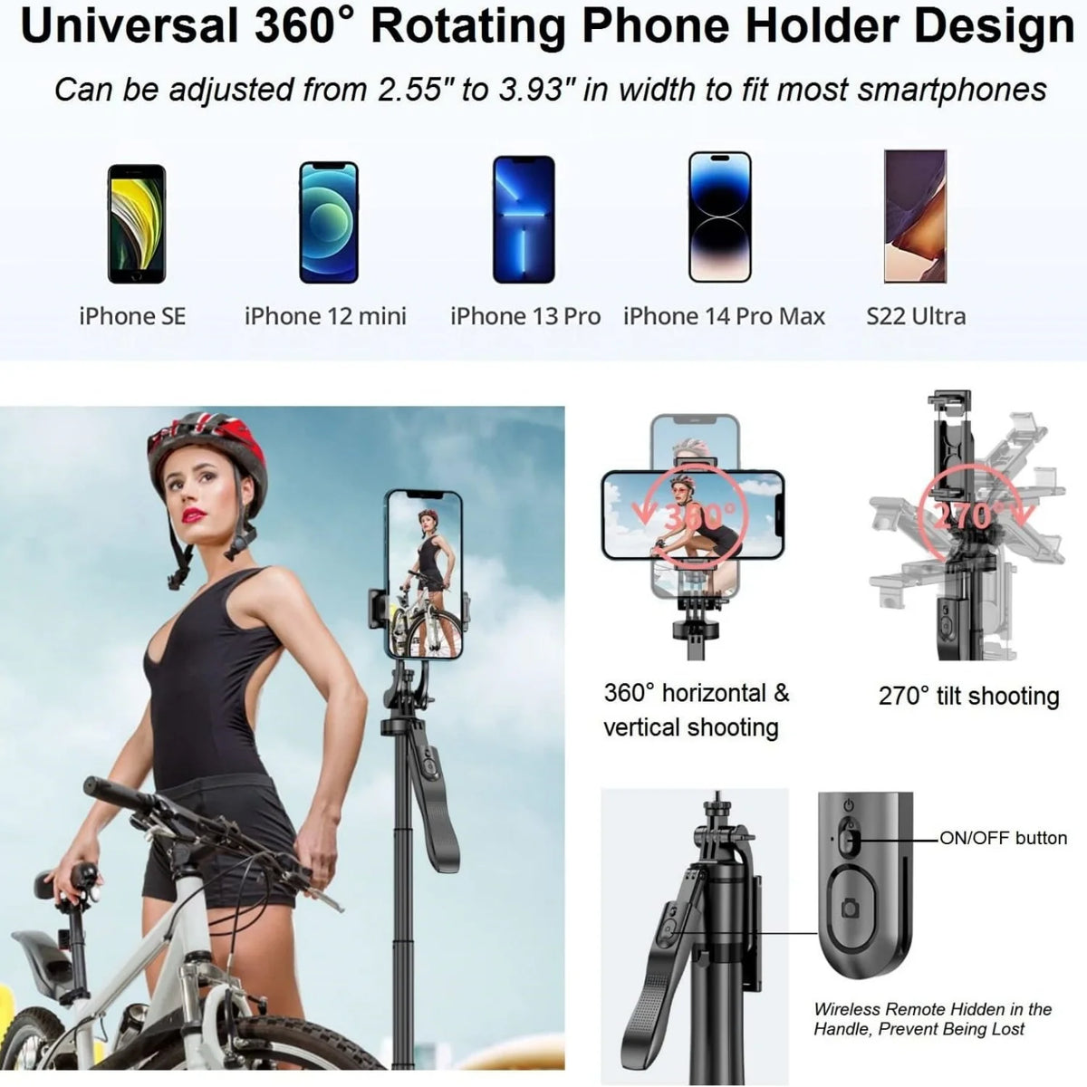 1.55m Extendable Selfie Stick Tripod with Bluetooth Remote, 360° Phone Mount, With/No Light
