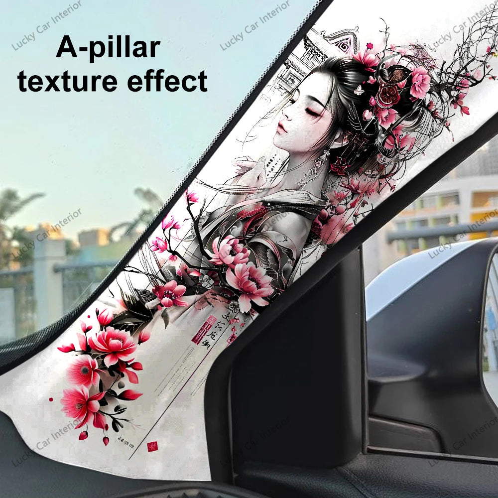 1 pair of flower geisha car stickers, car A-pillar decoration stickers, car interior modification decoration supplies