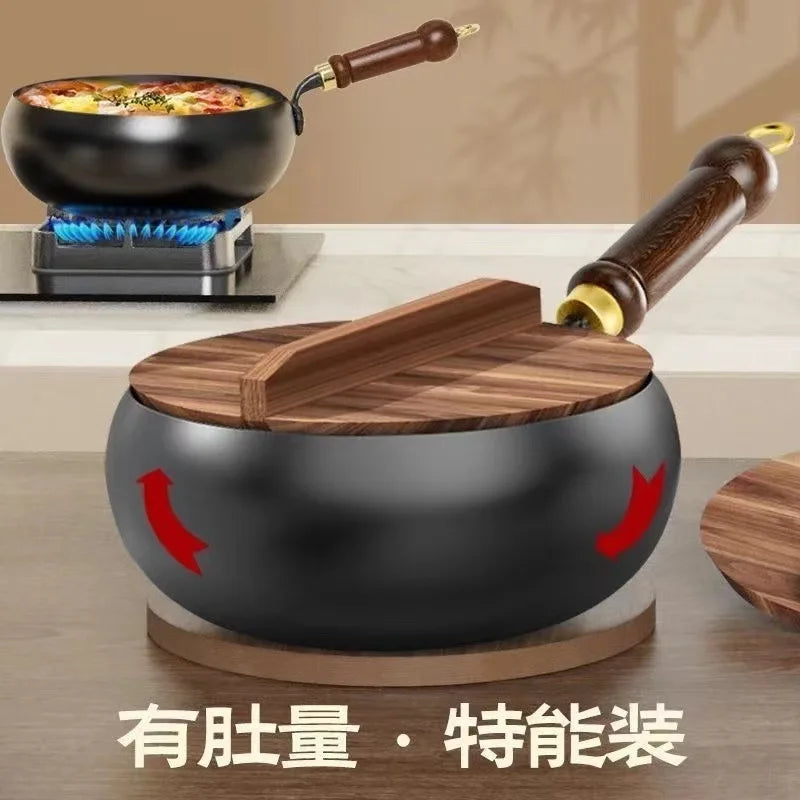 Big Belly Pot Deepened Non-stick Iron Pot Flat Bottom Uncoated Small Frying Pan Iron Pan with Lid Uncoated Frying Pan Big Belly