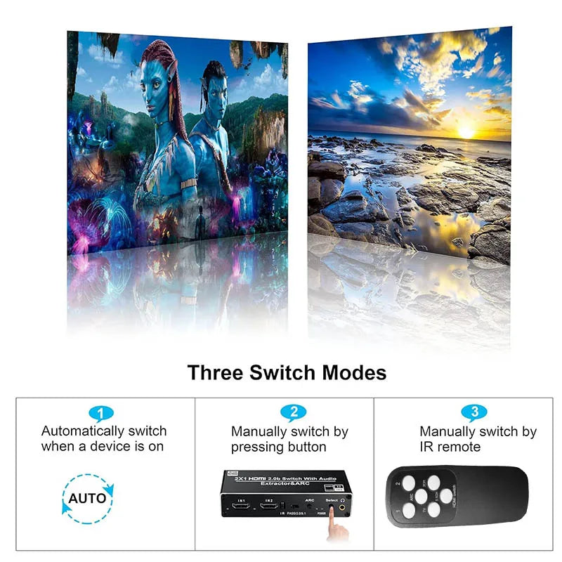 HDMI Switch Audio Extractor 2x1 4K 60Hz, HDMI ARC, Optical Toslink SPDIF, Coaxial, L/R