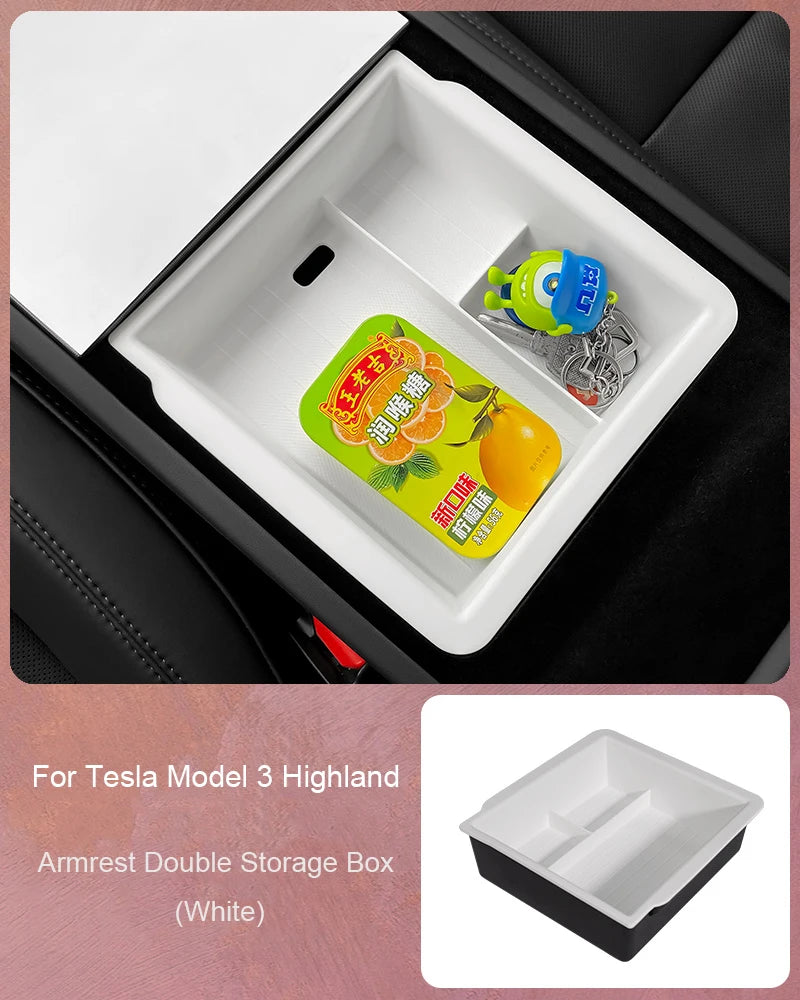 For Tesla Model 3 Highland 2024 Center Control Armrest Box Double-layer Storage TPE+ABS Center Control Layered Tray Container