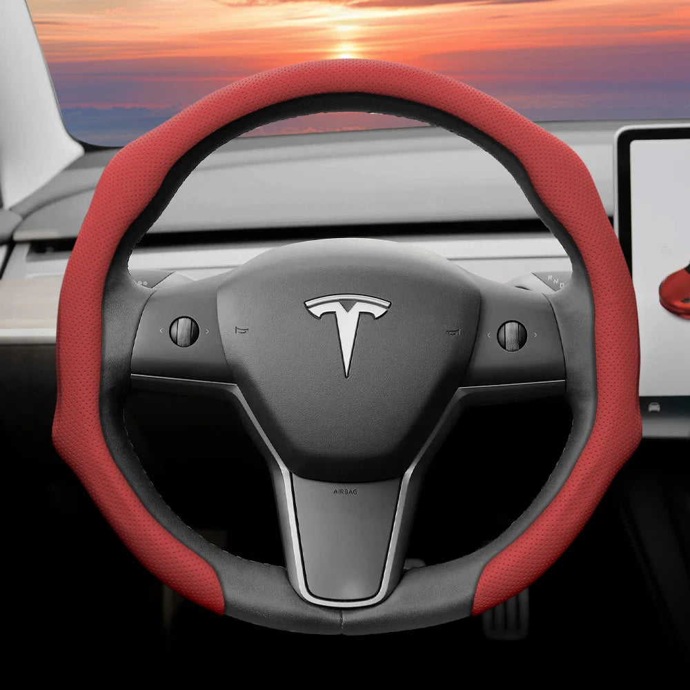 Suitable for Tesla Perforated Leather Steering Wheel Cover, Non-Slip, Sweat-Absorbent, Breathable, Integrated Snap-On Protective Case for Model 3 Y S X and Other Models, Available in Black, Orange, Red, White, Green