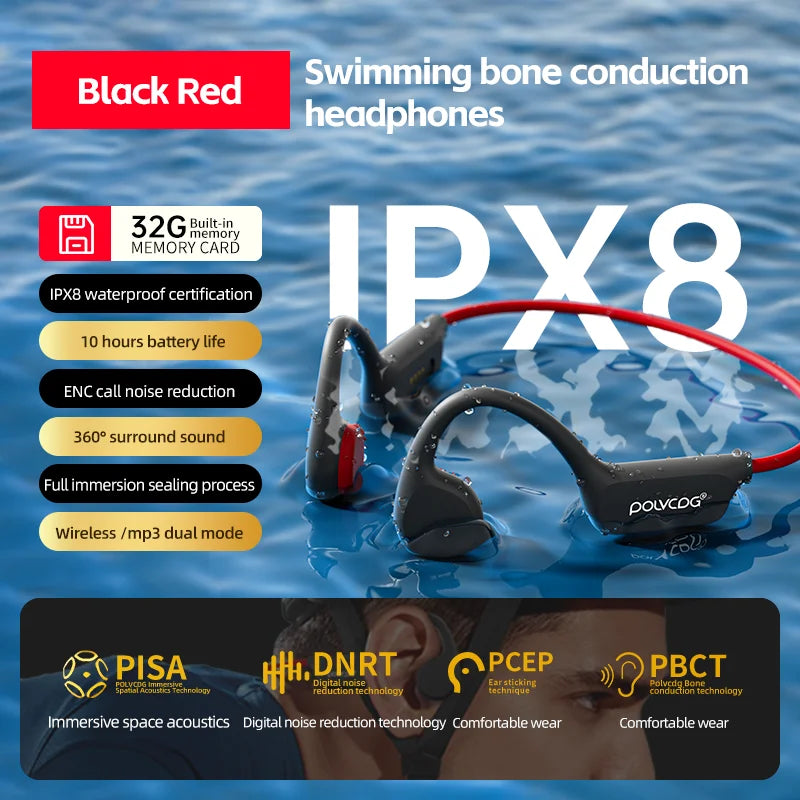 POLVCDG X7 Bone Conduction Bluetooth Swimming Headphones IPX8 Waterproof, 8GB, Blue/White/Black Red