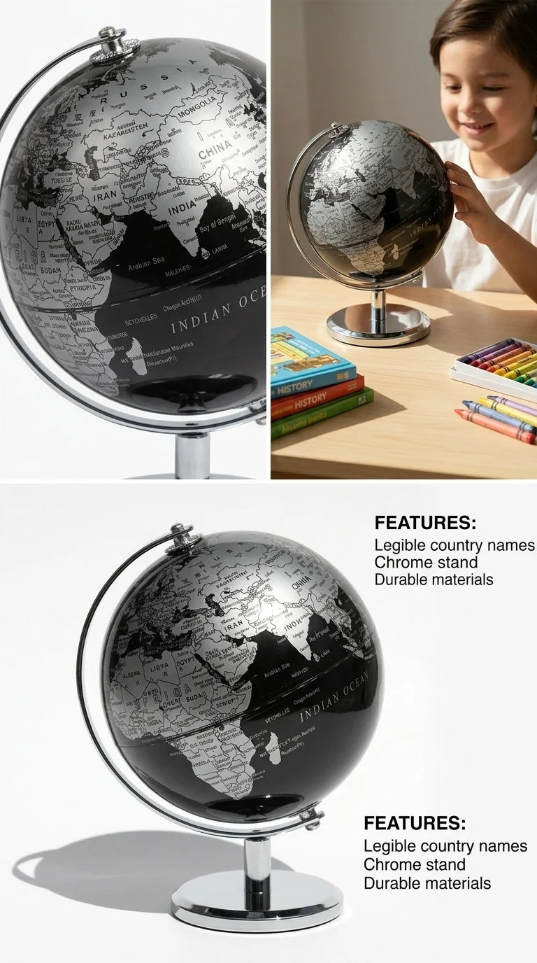 Small Black & Gold / Black & Silver Globe — An Educational World Globe Designed for Learning; An Ideal Desktop Accent for Home a