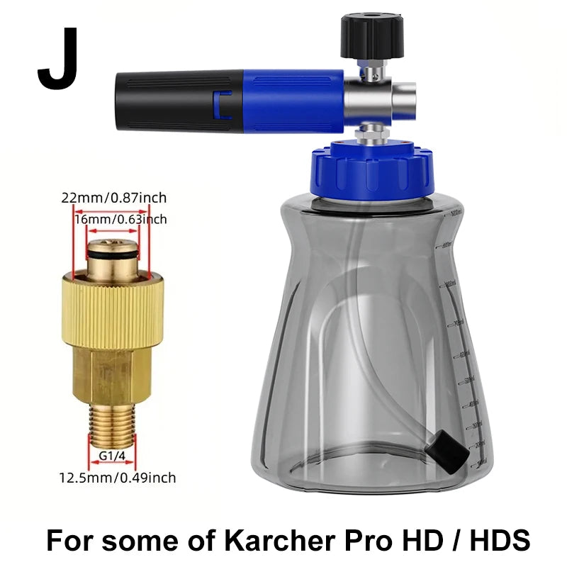 Stylish blue-black foam cannon, 1/4" quick-connect fitting, leak-proof lid air valve, for Karcher Elitech Bort AR Bosch