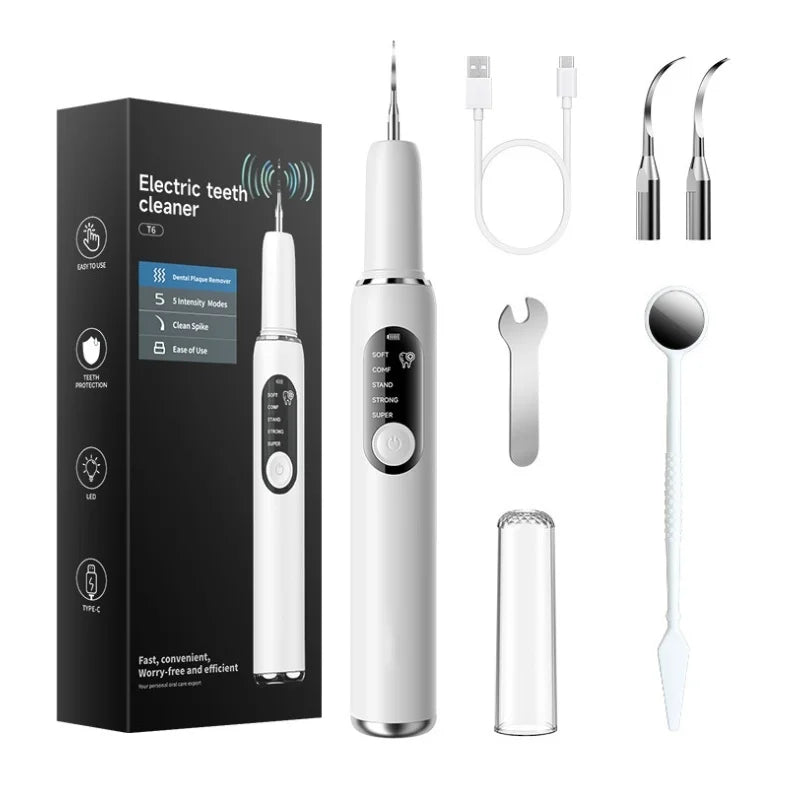 Electric Dental Cleaner with Metal Dental Mirror & Charging Cable, 5 Modes, Gum Protection (No Gum Pain) Home Teeth Tool