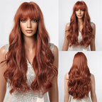 Long wavy synthetic wig with bangs, brown heat resistant, includes wig cap, 1pc