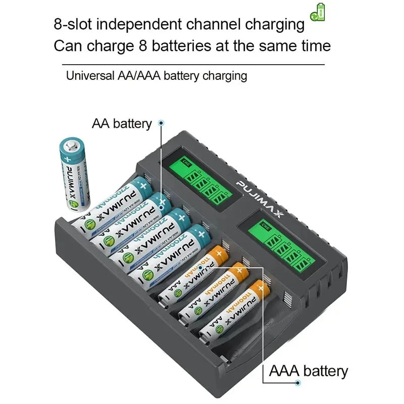PUJIMAX New LED Display Smart Battery Charger For AA/AAA Ni-MH Rechargeable Batteries Independent Charging Battery Charger
