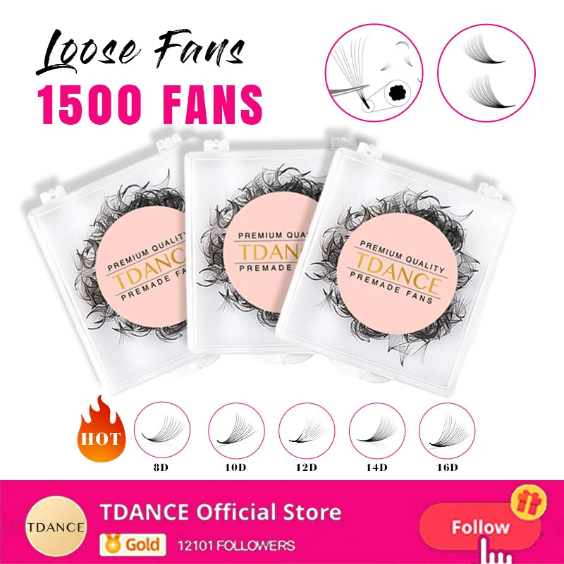 TDANCE 1500 Fans Loose Fans Slim Narrow Sharp Stem Pointy Base Loose Fans Medium Stem Thin Premade Volume Fans Eyelashes