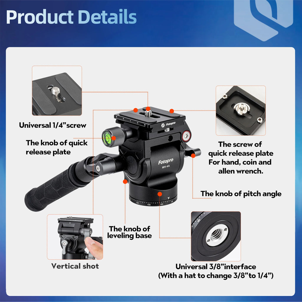 Fotopro Tripod Head Lightweight Panoramic Camera Video Head with Vertical Horizontal Shooting Quick Release Plate for DSLR Camer