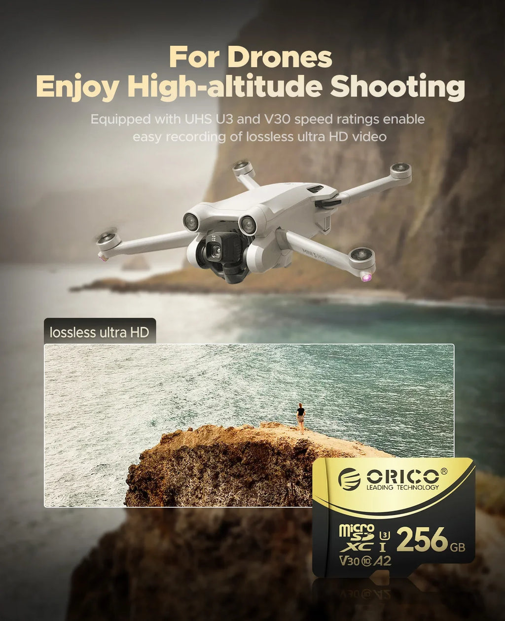 ORICO Micro SD Card TF Memory Card 512GBFull HD and 4K UHD C10, U3, V30, A2, microSDXC Up to180 MB/s for GoPRO DJI Drone