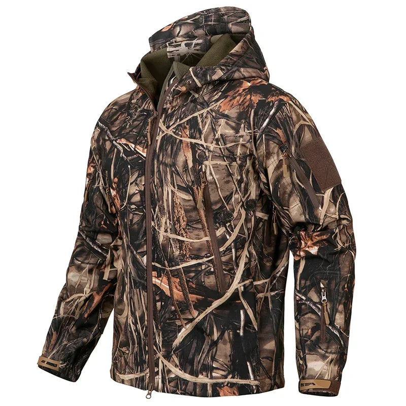 Men's Silent Camouflage Hunting Jacket Soft Shell Outdoor Hiking Fishing Hooded Coat Waterproof Fleece Tactical Jackets