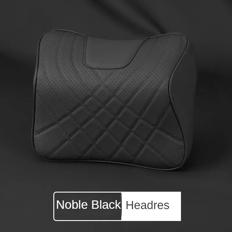 Car Headrest Neck Pillow & Lumbar Support Cushion Set, Leather Cover Memory Foam, Black