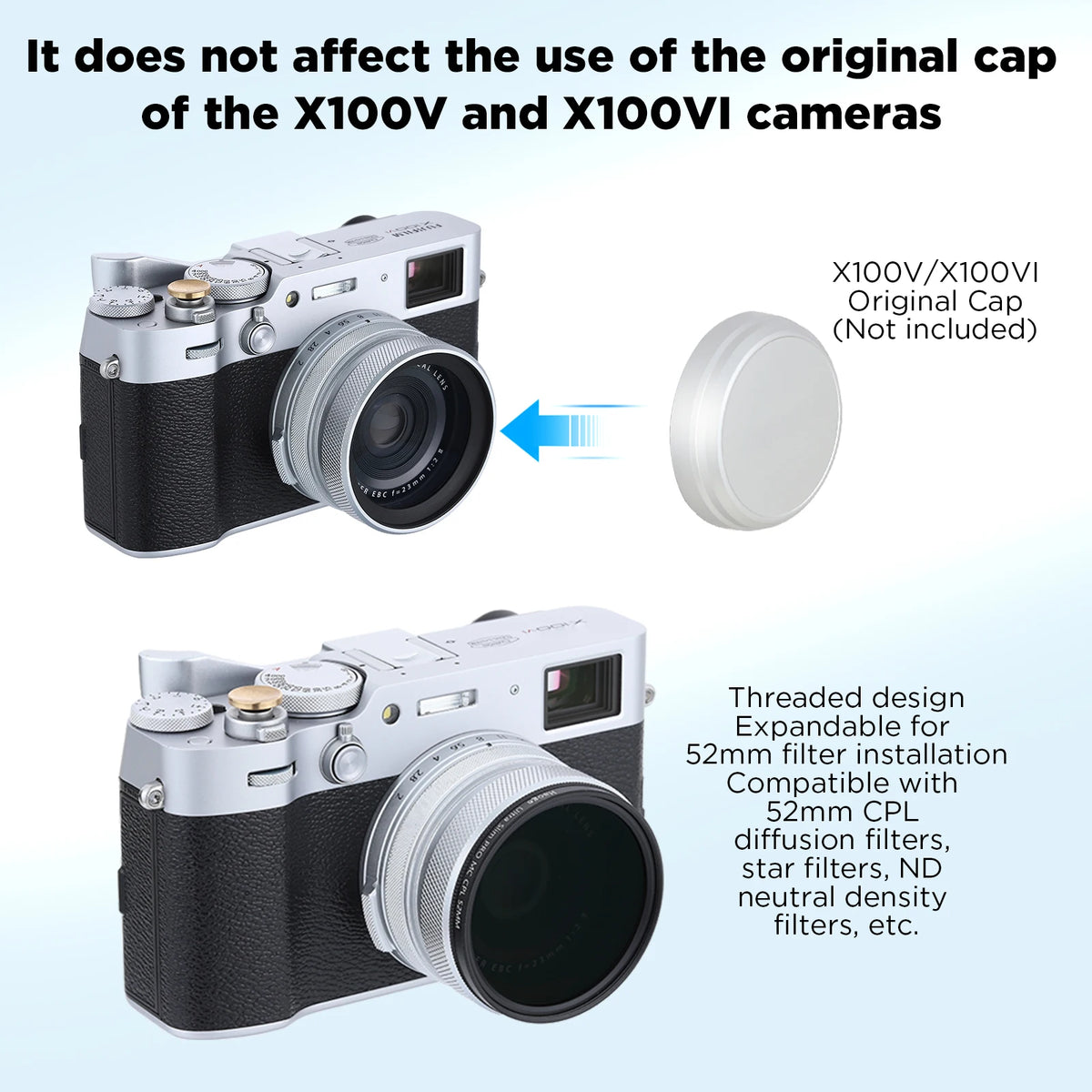 Haoge LUV-X54W Metal Lens Hood with MC UV Multicoated Ultraviolet Lens Filter for Fujifilm Fuji X100VI X100V Camera Silver