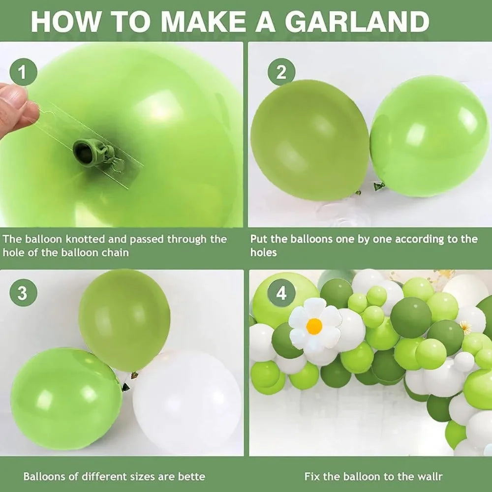 139pcs Green and White Daisy Balloon Set Suitable for Themed Birthday, Wedding, Engagement, Party, and Anniversary Decorations