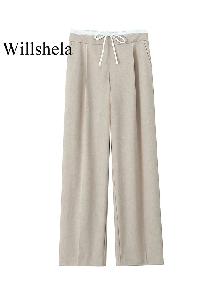 Willshela Women Fashion Solid Lace Up Side Zipper Straight Pants Vintage High Elastic Waist Female Chic Lady Trousers