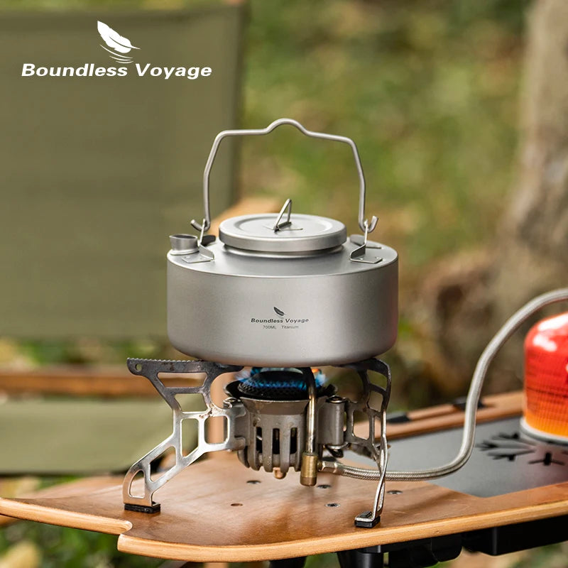 Boundless Voyage Camping Titanium Teapot with Folding Handle Single-layer Kettle Durable Bushcraft Gear Open Fire Kettle Ti3104D