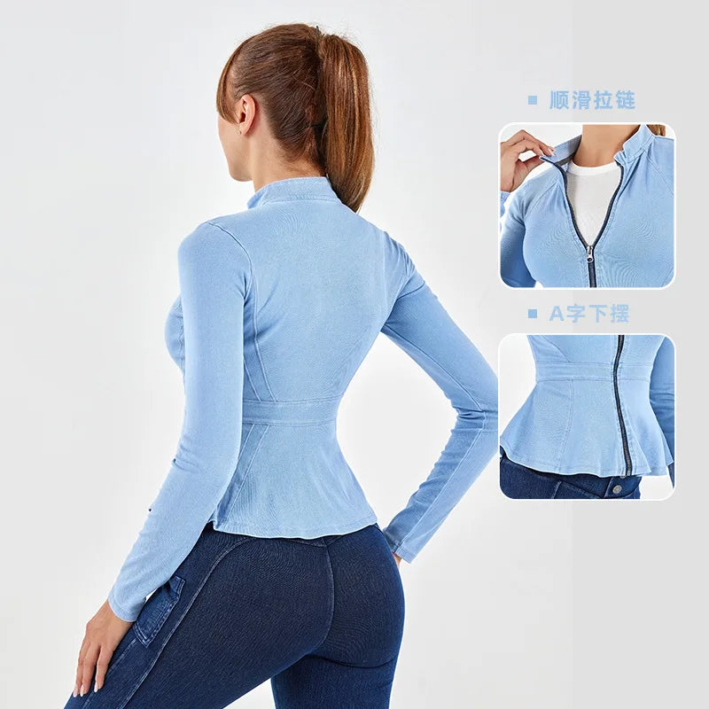 Autumn Winter New Arrival Denim Yoga Zipper Jacket Women Gym Fitness High Collar A-line Hem Slimming Long Sleeve Workout Tops