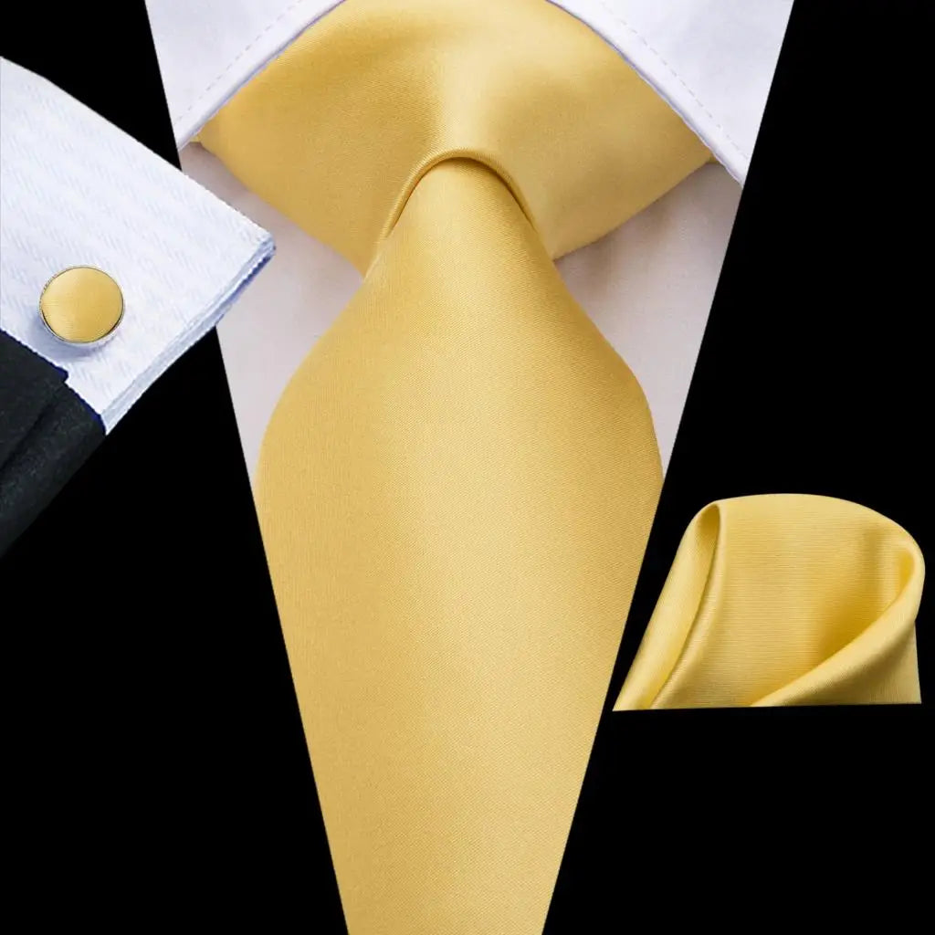 Solid Gold Yellow Ties For Men Handky Cufflinks Set Fashion Gift For Men's Tie Wedding Business Necktie Blue Black Orange Beige