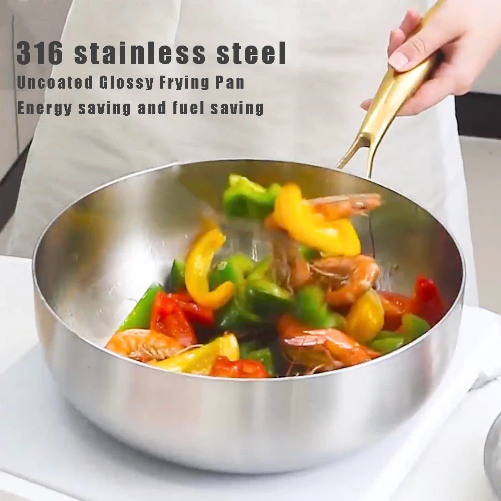 316 Stainless Steel Nonstick Deep Frying Pan Wok Skillet, 22cm-30cm, Gas & Induction