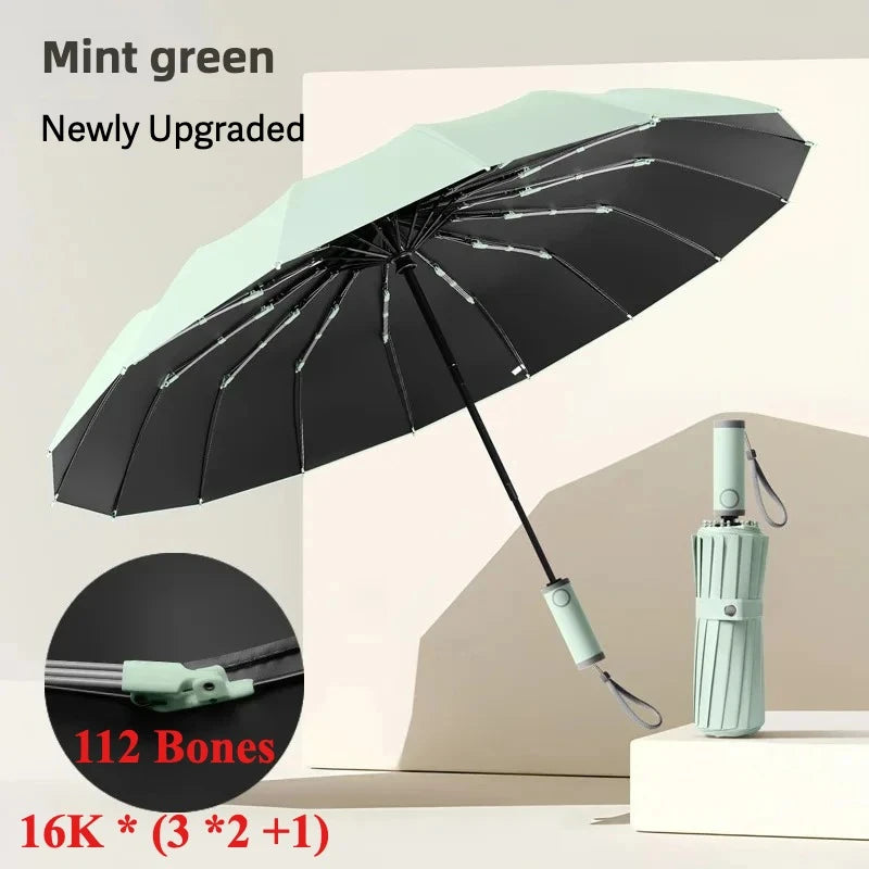 Automatic Open Close Compact Folding Umbrella, 112 Rib Windproof UV50+ Sun Rain - Black