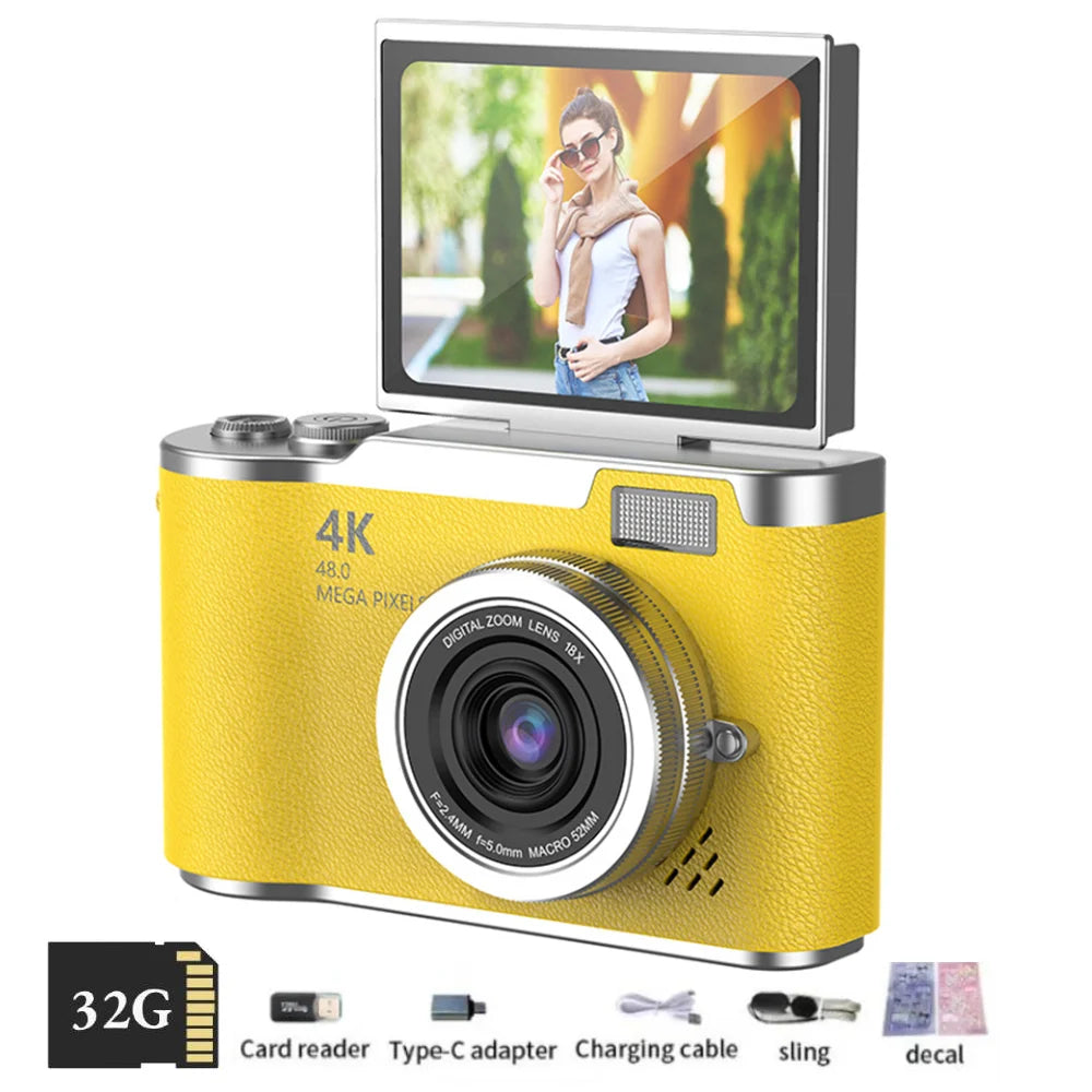 4K Digital Camera Beauty Filters 48MP HD Student CCD Camera CMOS Anti Shake 180° Flip Screen Selfie Camera for Kids Adults Gift