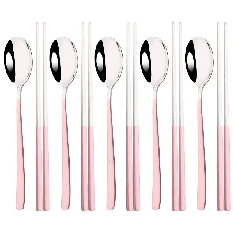 304 Stainless Steel Cutlery Set Sushi Sticks Dinner Spoons Set 10Pcs Dinnerware Korean Chopsticks Dessert Spoon Flatware Set