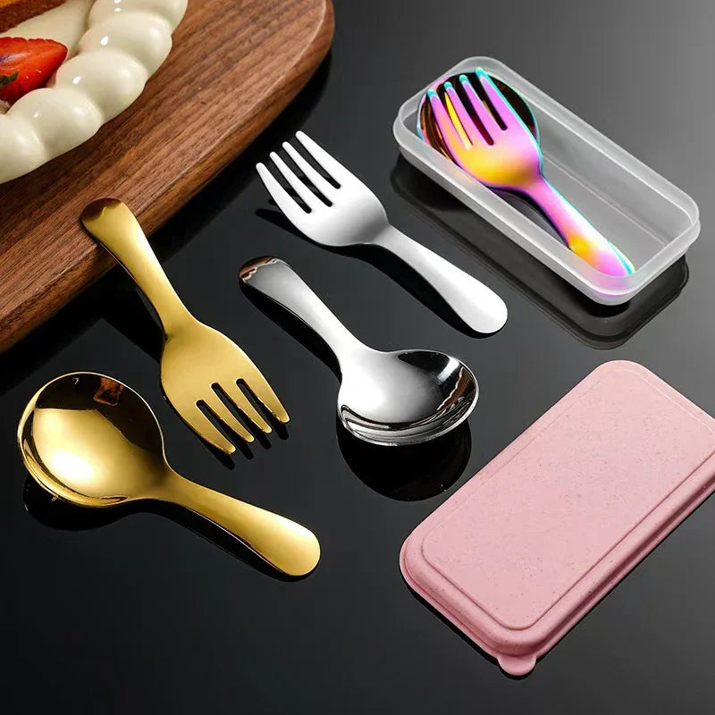 Stainless Steel Tableware Set Spoon Fork 2Pc Portable With Box Outdoor Camping Cutlery Lunch Hiking Camp Cooking Travel Flatware