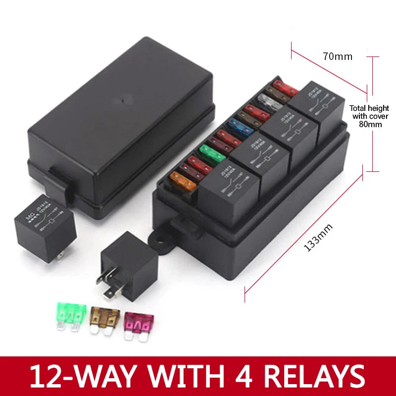 Earu automotive fuse box with relay block assembly, 3-15 way circuit protection (style options)
