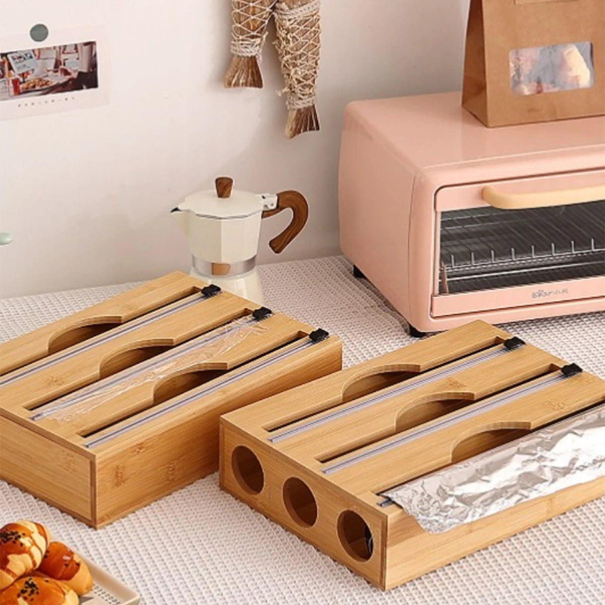 1pc Kitchen Wrap Dispenser With Foil & Cling Film Cutter Box, Bamboo Fresh Bag Cutting Holder, Trash Bag & Plastic Bag Wooden St