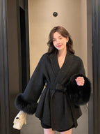 Elegant Lace Up Woolen Coat Women Furry Lapel Fur Patchwork Belt Loose Short Jacket Female Lady 2025 Autumn Winter New Cardigans