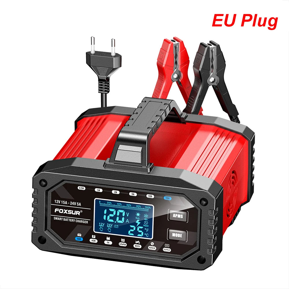 12V 15A / 24V 5A 300W Battery Charger Car Motorcycle Tester Smart Pulse Repair Tools EU Plug 100V-240V Input Auto Accessories