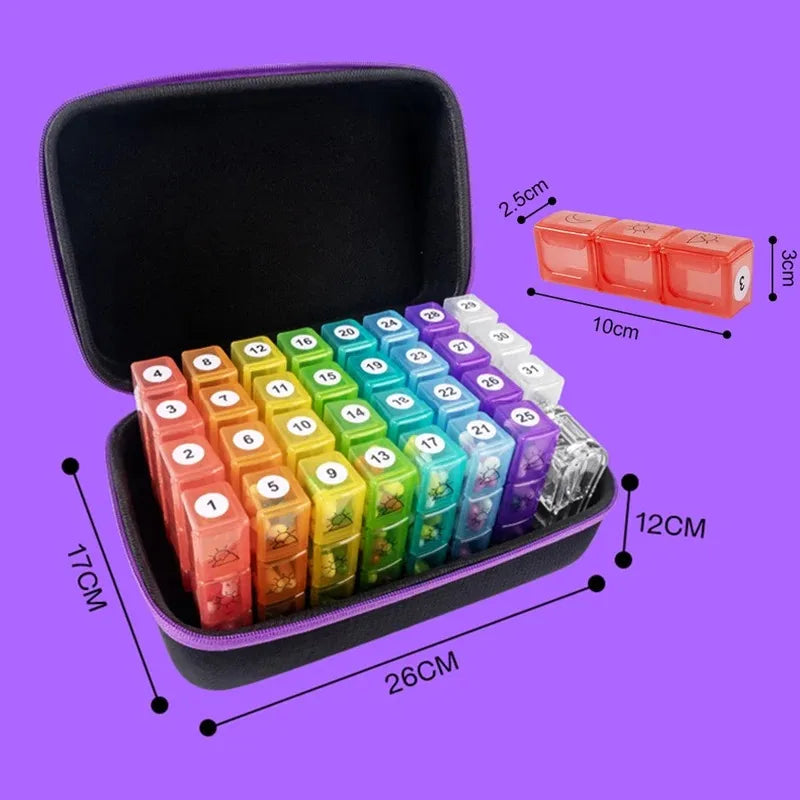 Monthly Pill Organizer Hard Case, 32 Compartments, 3 Times a Day, Black/Blue/Butterfly