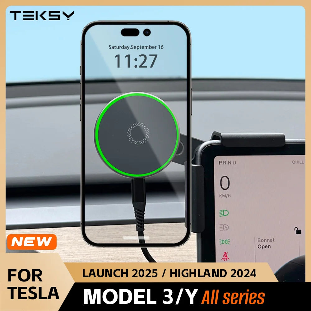Car Phone Mount Holder 15W Magnetic Wireless Charger Compatible with MagSafe for Tesla Model Y 2026 Launch Model 3 HIGHLAND BYD