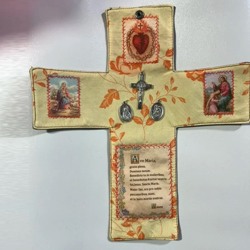 Handcrafted Pocket Shrine with Cross Included Inside,Faith Cross-Shaped Fabric Pouch Sewing Pocket with Saint Images Prayers ﻿