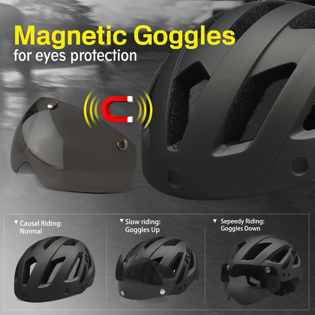 PJT New LED Bike Helmet With Sun Goggle Visor Rechargeable LED Men Bicycle Helmet Sunglasses Shield Road MTB Cycling Helmets